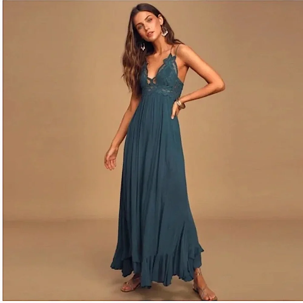 Free People Adella Maxi Slip Dress in Turquoise NWT - Picture 2 of 13